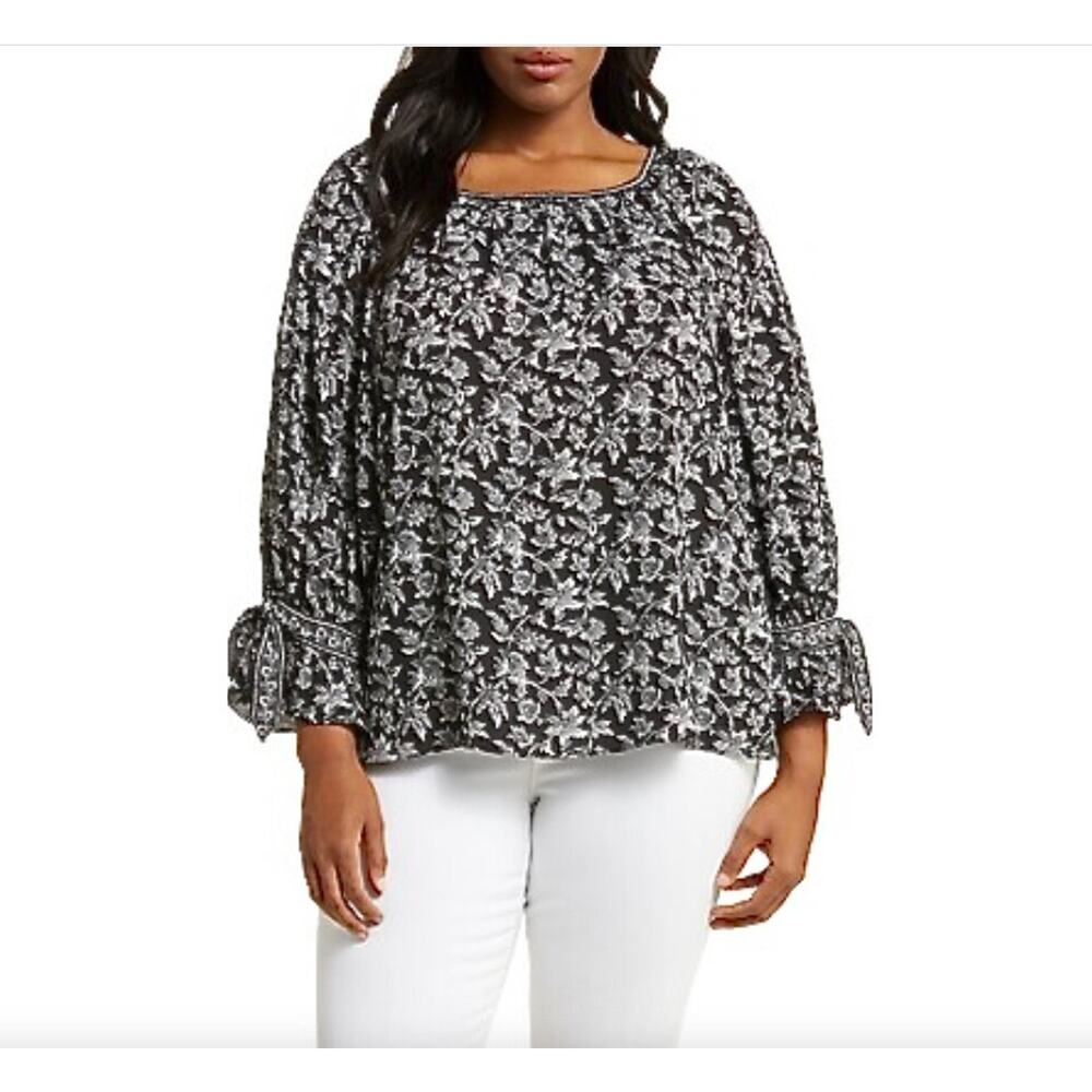 Max Studio Black Floral Blouse XL Scoop Neck Peasant Casual Tie Sleeve NWT